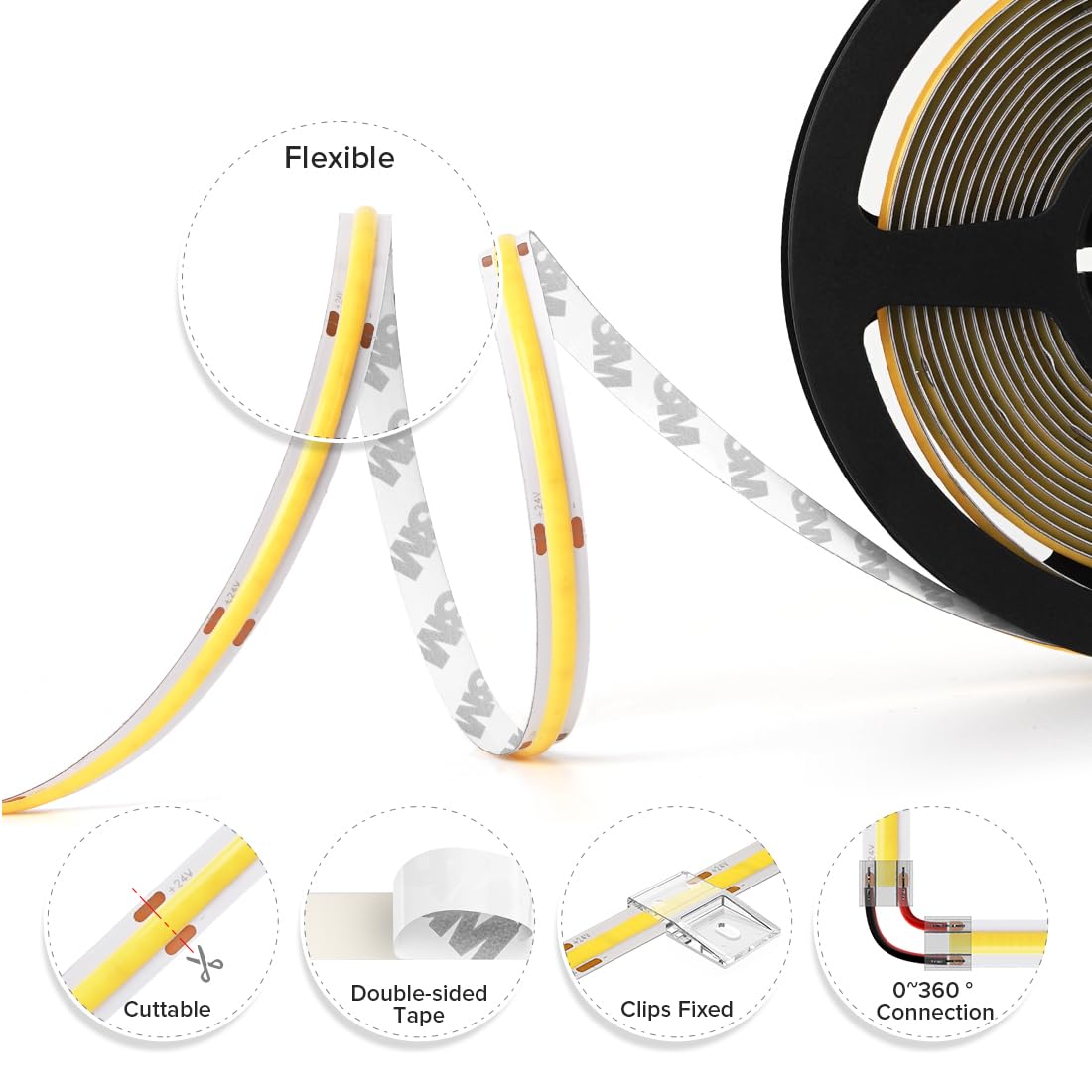 BTF-LIGHTING FCOB COB LED Strip Flexible High Density Uniform Light 9W/m 32.8FT DC24V Daylight White 5000K 480LEDs/m CRI 90+ 8mm Width Dimmable LED Ribbon for Indoor Decor(No Adapter or Controller)