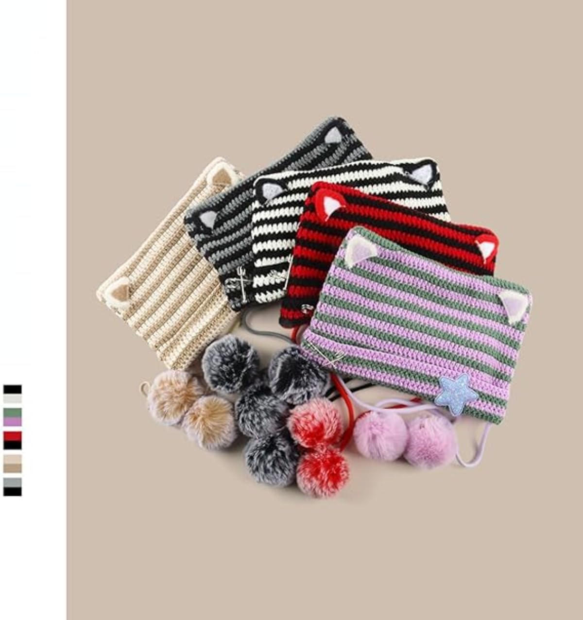 Women Kawaii Cat Ear Beanie Hat with Star Pom Poms Y2K Cute Crochet Goth Grunge Emo Alt Accessories Knit Slouchy Hat (Black Grey)