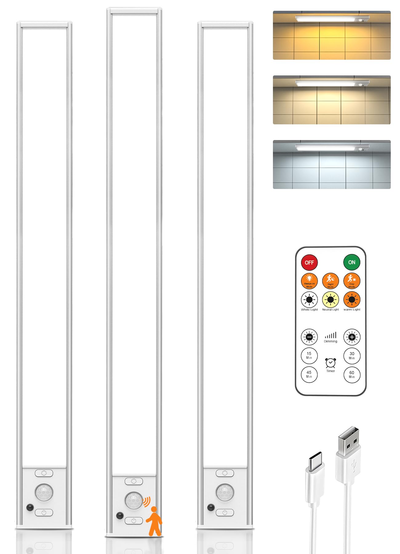 LENOMA Under Cabinet Lighting, 16in LED Motion Sensor Light, USB Rechargeable, 3 Color Temps, 3 Pack, White, Model LTM-CGD-03