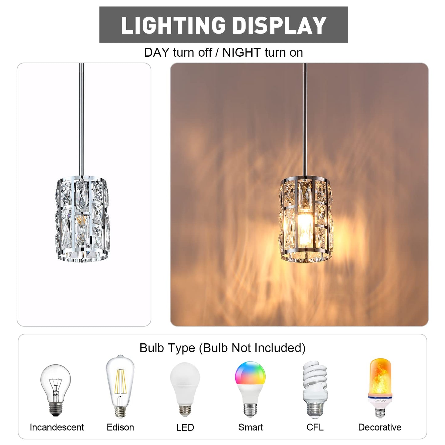 MEXO Modern Crystal Pendant Light Fixture - Chrome Finish, Small, Metal Chandelier for Kitchen, Dining, Living Room, Bedroom