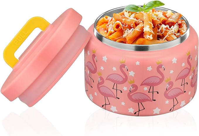 PIQUEBAR 8oz Kids Thermo for Hot Food,Small Lunch Thermos Food Container Stainless Steel,Easy Open Wide Mouth Thermo for Hot Cold Food for Preschool Travel (Pink Flamingos)