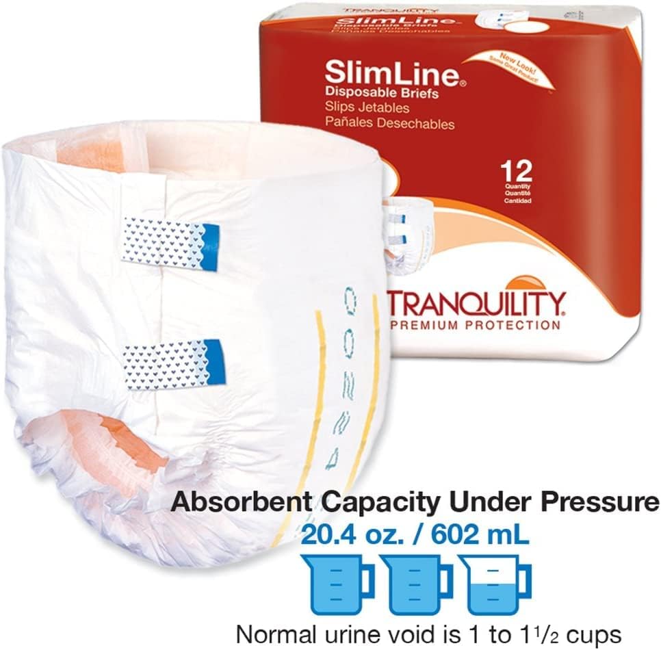 Tranquility Slimline Original Adult Disposable Brief, Adult Medium, Incontinence Care with a Slimmer Fit, Peach Mat Core & Kufguard Technology for Max Comfort, Latex-Free, 20.4oz Capacity, 96ct Case