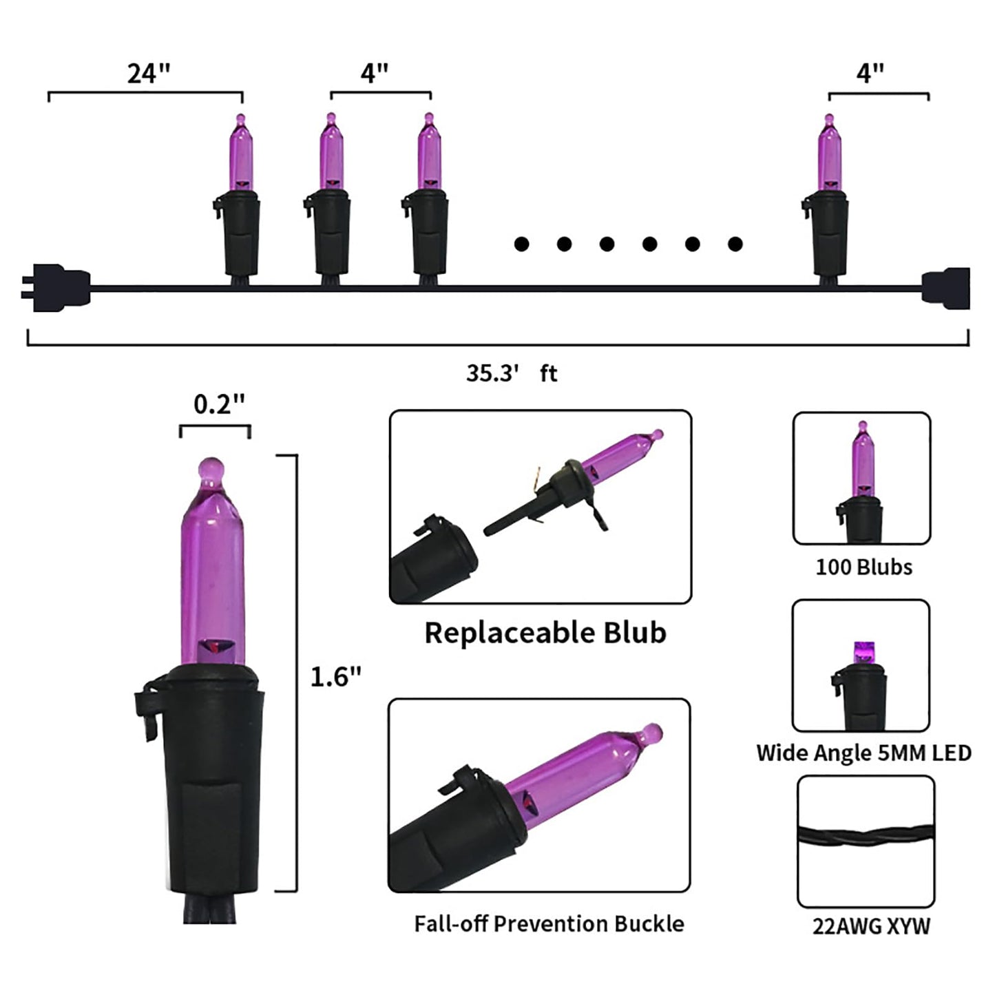 MULTI-SPARKING Purple LED String Lights - 100 Count, 33ft Black Wire, UL Certified, Connectable