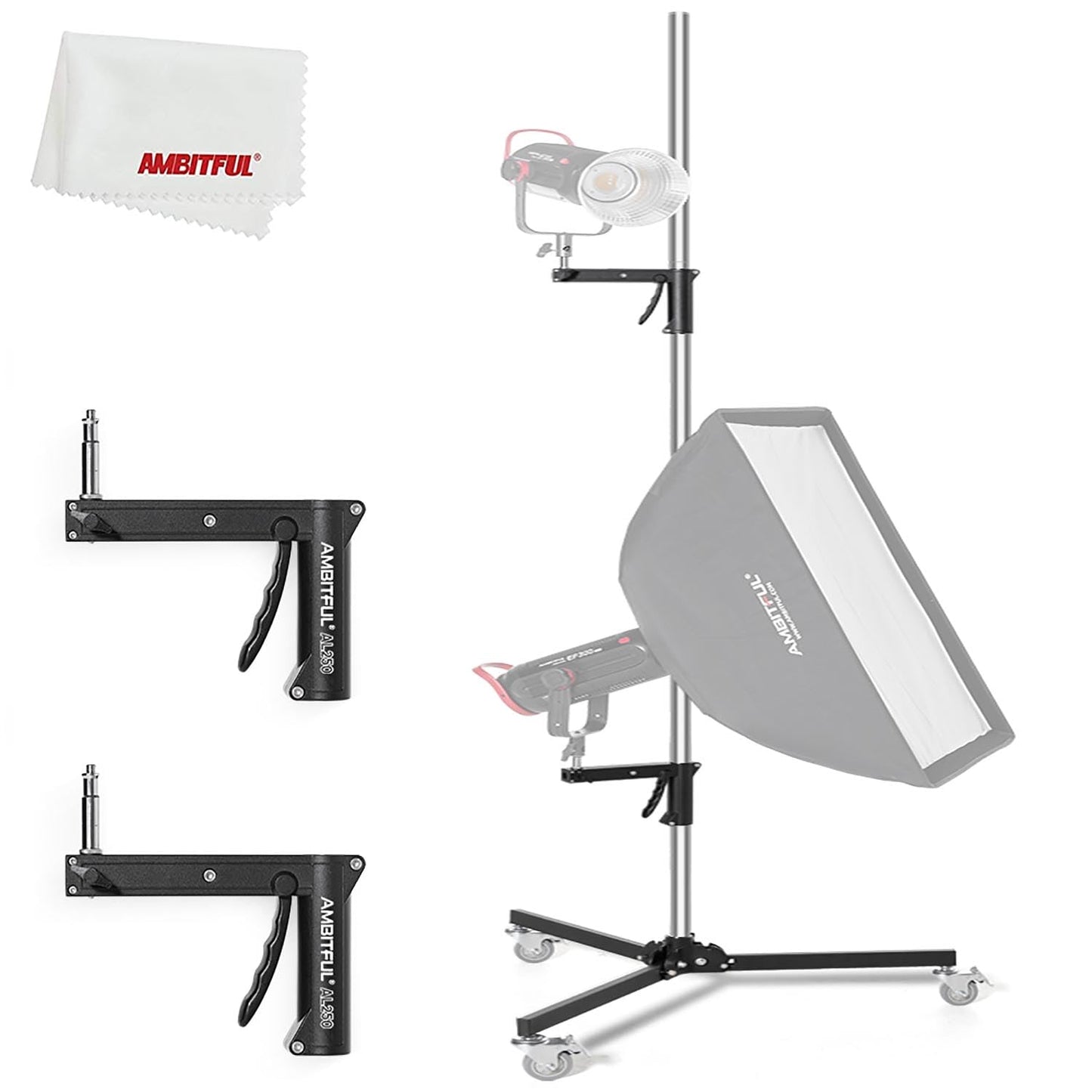 Ambitful Al250 Steel Wheeled Mobile Heavy Duty Light Stand For Photography W/Sliding Grip Arm & Chrome-Plated Column Stand, Maxs