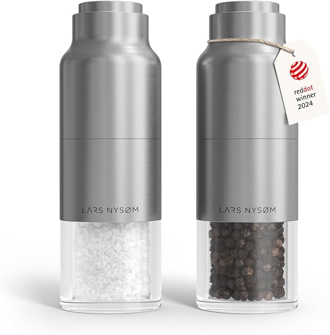 LARS NYSØM Salt and Pepper Grinder Set, Stainless Steel Manual Salt and Pepper Mills, Adjustable Ceramic Grinder, Design Spice Shakers (Stainless Steel)