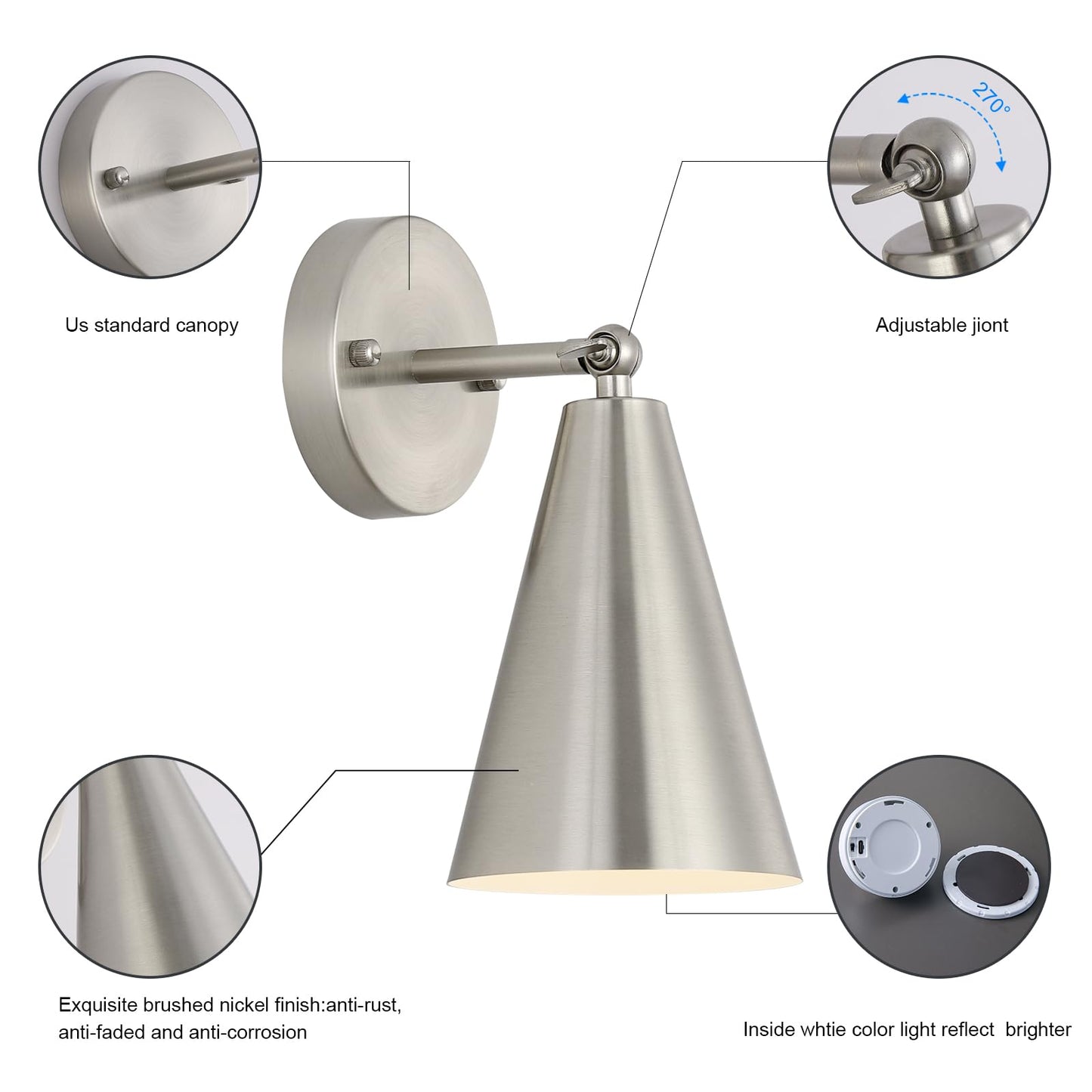 MWZ Wall Sconces Set of Two, Battery Operated, Dimmable, Adjustable Angle, Nickel, Model W-XL125