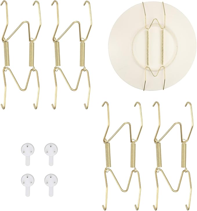 uxcell 4pcs Plate Hangers for the Wall, 4 Inches Stainless Steel Wire Plate Holders with Traceless Nail Displaying Plates Dish DIY Craft, Golden