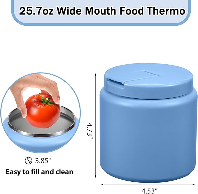 26oz Kids Jar for Hot Food, Insulated Vacuum Food Jar with Buckle Lid, Stainless Steel Wide Mouth Leak Proof Insulated Lunch Container for School Picnic Travel, Sky Blue