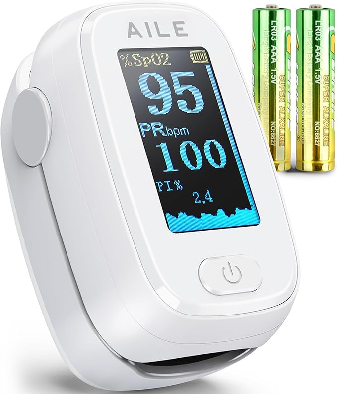 AILE Pulse Oximeter with Fingertip Oxygen Meter, Compact Fingertip Pulse Oximeter - Blood Oxygen/Heart Rate Monitor - 4 Co...