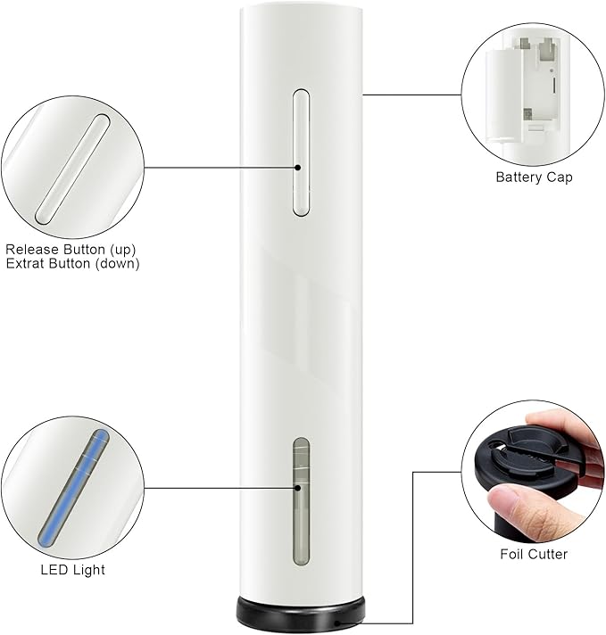 COKUNST Electric Wine Opener, Cordless Automatic Corkscrew with Foil Cutter, Battery Operated Wine Bottle Opener for Home, Gift, Party, White