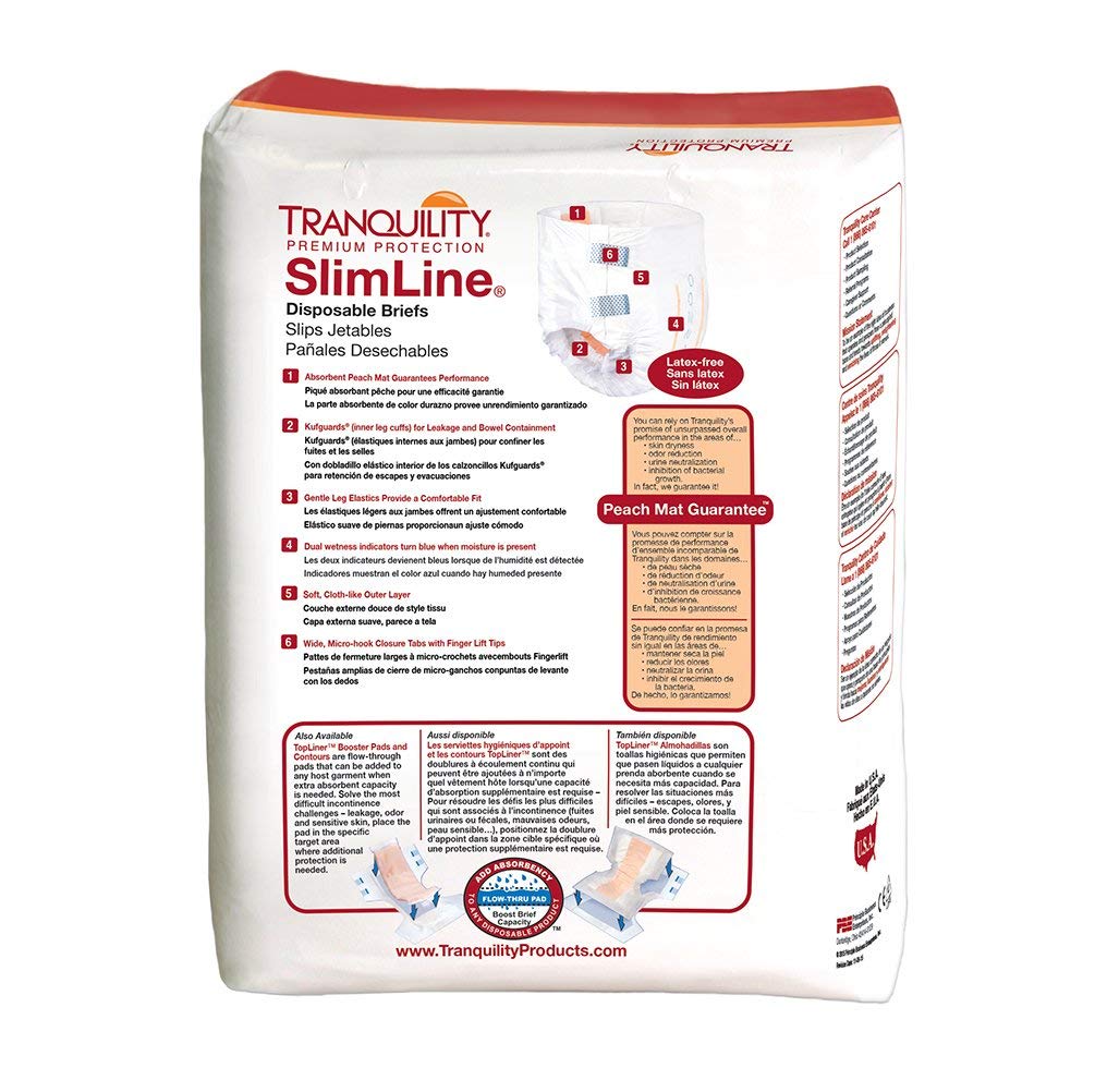 Tranquility Slimline Original Adult Disposable Brief, Adult Small, Incontinence Care with a Slimmer Fit, Peach Mat Core & Kufguard Technology for Max Comfort, Latex-Free, 12.7oz Capacity, 100ct Case