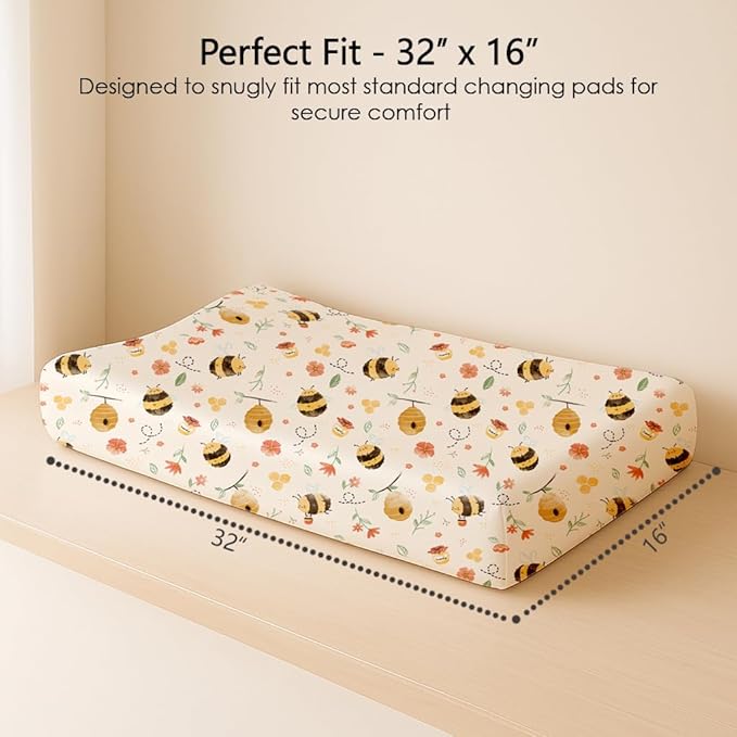 Changing Pad Cover for Baby Boys Girls 2 Pack, Fits Standard 32”×16” Changing Table Pads, Silky Breathable Stretch Knit, Machine Washable (Bee Happy)