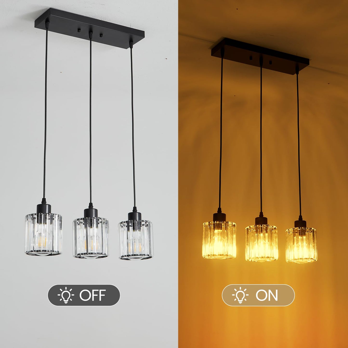 Rocunsi 3 Light Pendant Lighting For Kitchen Island  Black Hanging Light Fixture For Ceiling  Farmhouse Dining Room Lights For Bedroom  Hallway  Modern Glass Chandelier  E26 Base  Bulbs Not Included