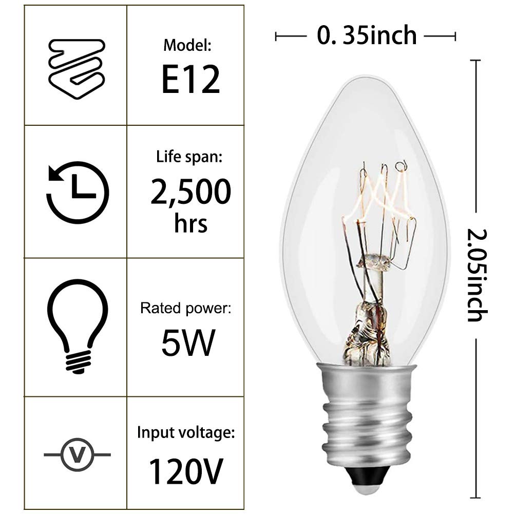 Abeja 25 Pack C7 Christmas Replacement Clear Bulbs C7/E12 Incandescent Light Bulbs For Christmas Tree Lights Set Indoor/Outdoor Party Decor  5W