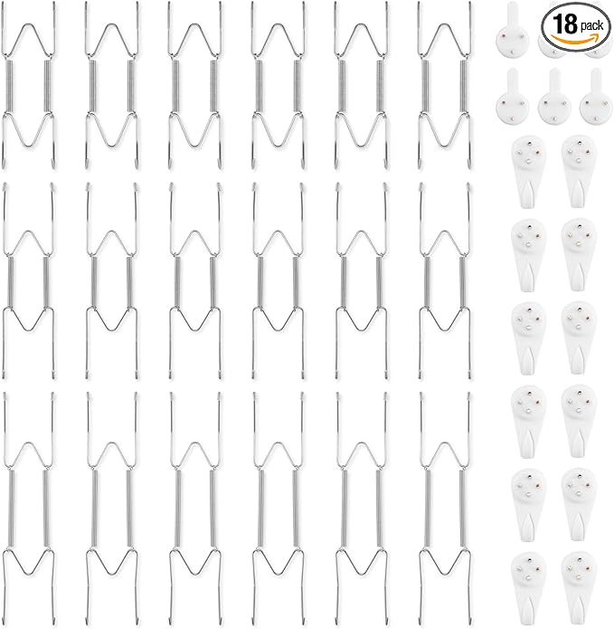 Bilillo 18-Piece Stainless Steel Plate Hangers - Heavy Duty 6/8/10 Inch Invisible Wall Plate Holders with 18 Wall Hooks & 72 Rubber Tip Protectors for 6-11 Inch Decorative Plates (Silver)