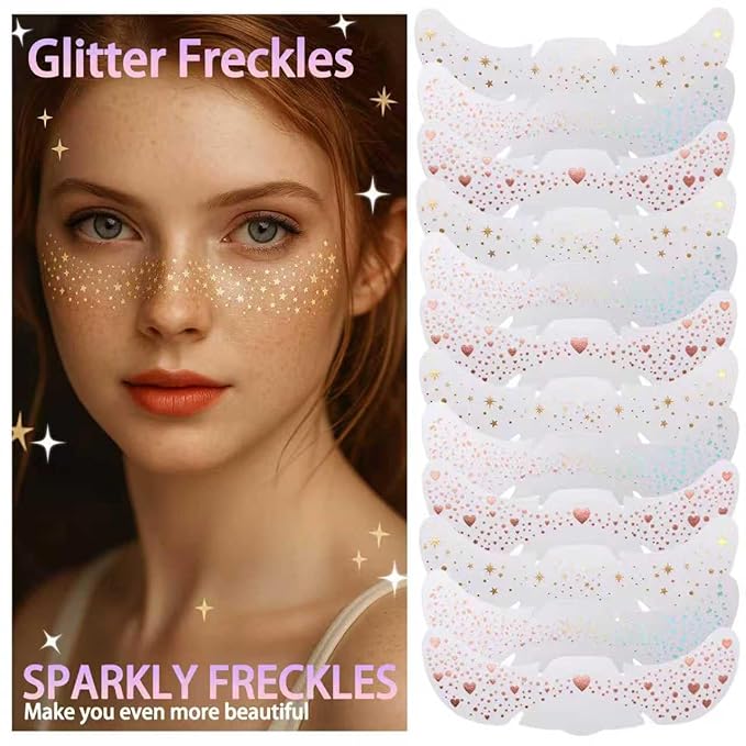 fernfern 12 Sheets Glitter Freckles Stickers for Face and Body, Star and Heart Face Tattoo for Women and Girls, Long Lasti...