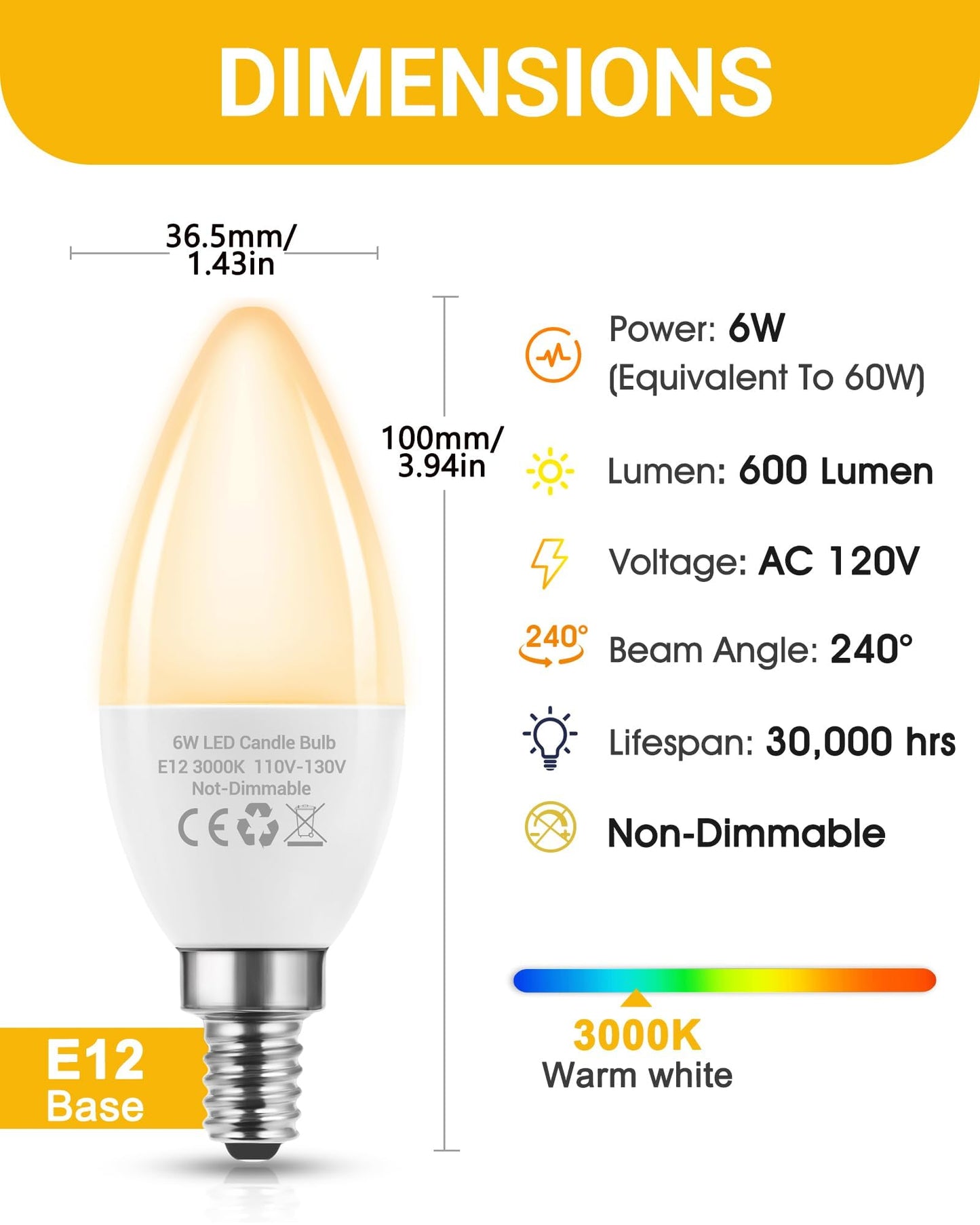 Flaspar E12 Led Bulb 3 Pack, 60W Equivalent, 2700K Soft White, 600 Lumens, Non-Dimmable B11 Candle Light For Chandelier