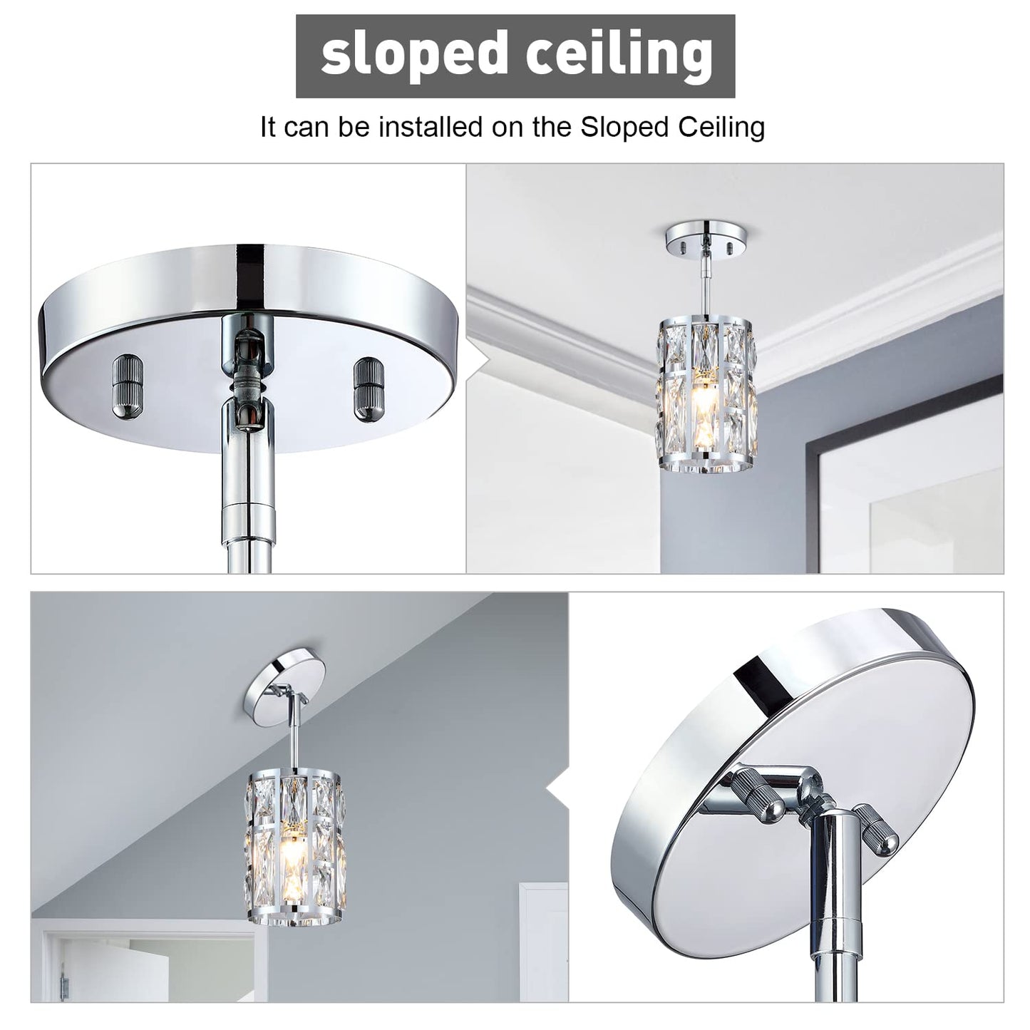 MEXO Modern Crystal Pendant Light Fixture - Chrome Finish, Small, Metal Chandelier for Kitchen, Dining, Living Room, Bedroom