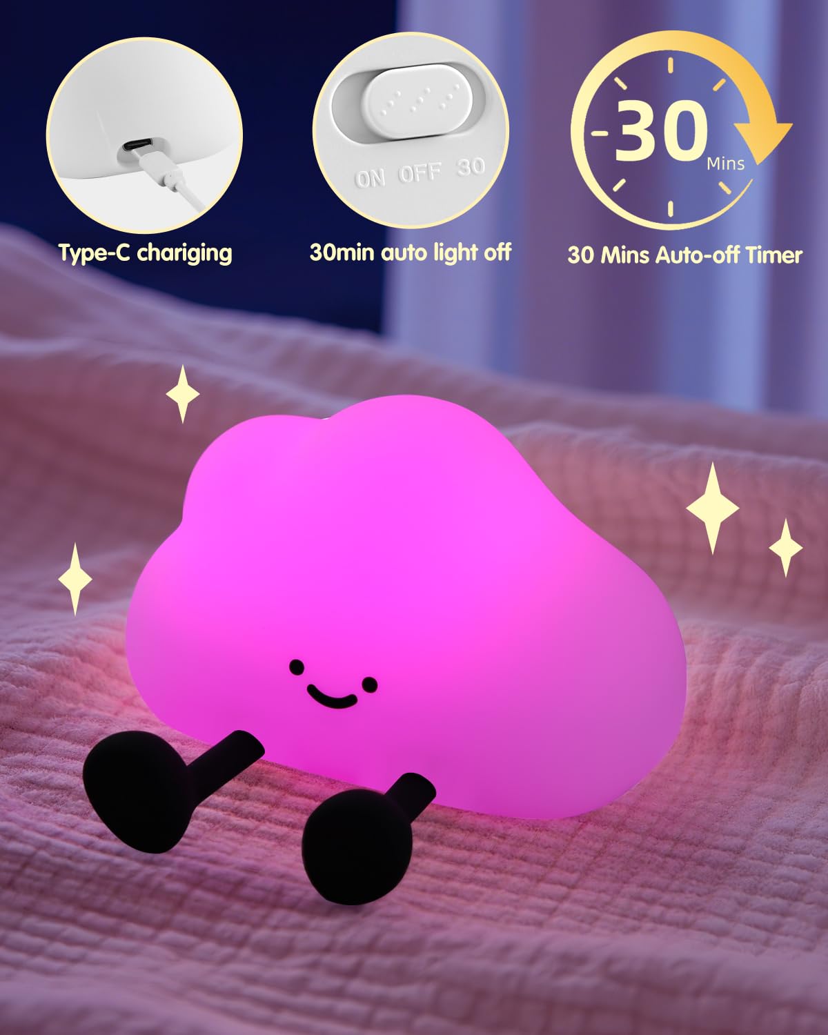 YISUN Cloud Night Light - Colorful Silicone Bedside Lamp, Rechargeable & Dimmable, Model DH-BFLD27