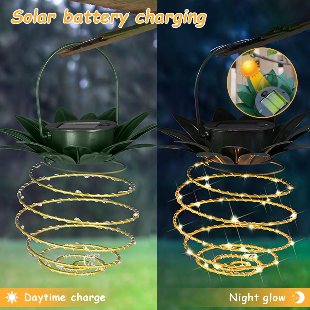JHPGEOE 2 Pack Outdoor Solar Hanging Lantern Lights - 60LED Waterproof Solar Pineapple Light Outdoor for Garden,Yard Porch Lawn Backyard Landscape Pathway Patio Outside Gardening