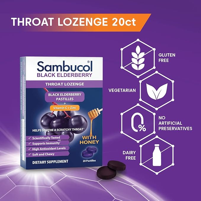 Sambucol Black Elderberry Throat Lozenges - Elderberry Cough Drops for Adults, Elderberry Zinc Lozenges Throat, Elderberry Lozenges - 20 Count