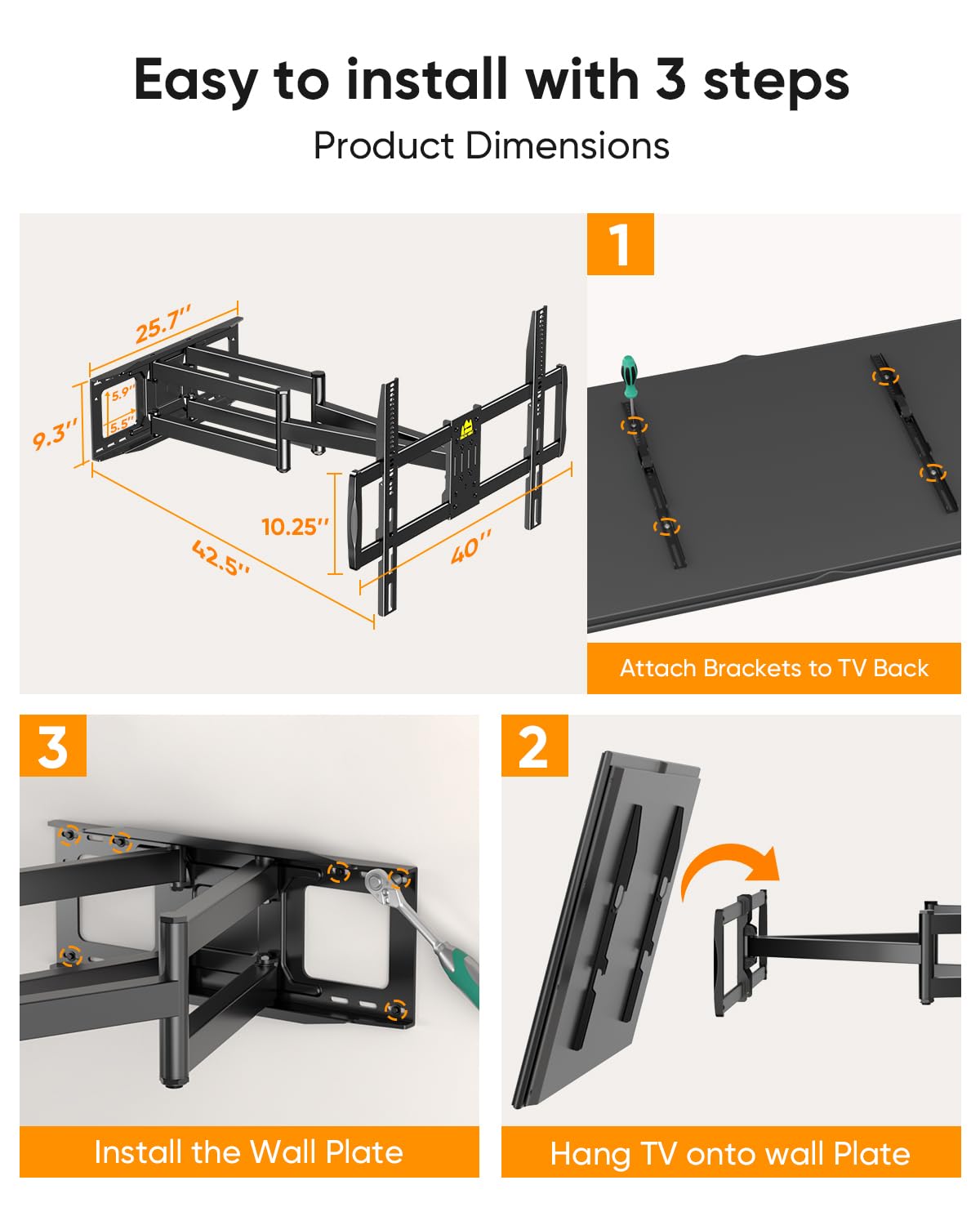 FORGING MOUNT Heavy Duty XXL Full Motion TV Wall Mount with 43" Long Arm Max VESA 900x600 for Extra Large 65 to 85,86,98,100 inch TVs,Universal TV Mount Bracket Swivel Tilt Holds 220lbs,16-24” Studs