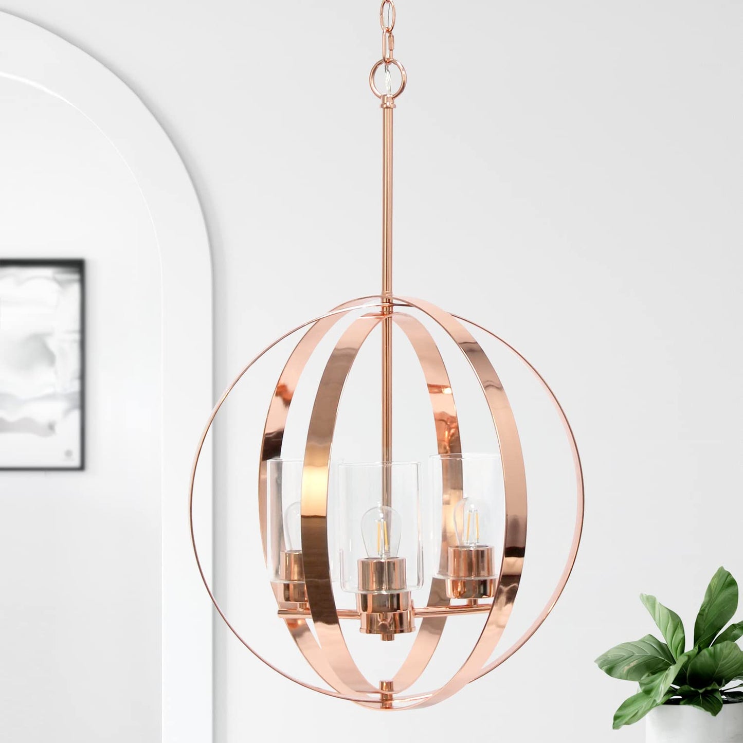 Elegant Designs 3-Light Pendant Light, Metal & Glass, 18inx18inx28.5in, Rose Gold, Model PT1021-RGD