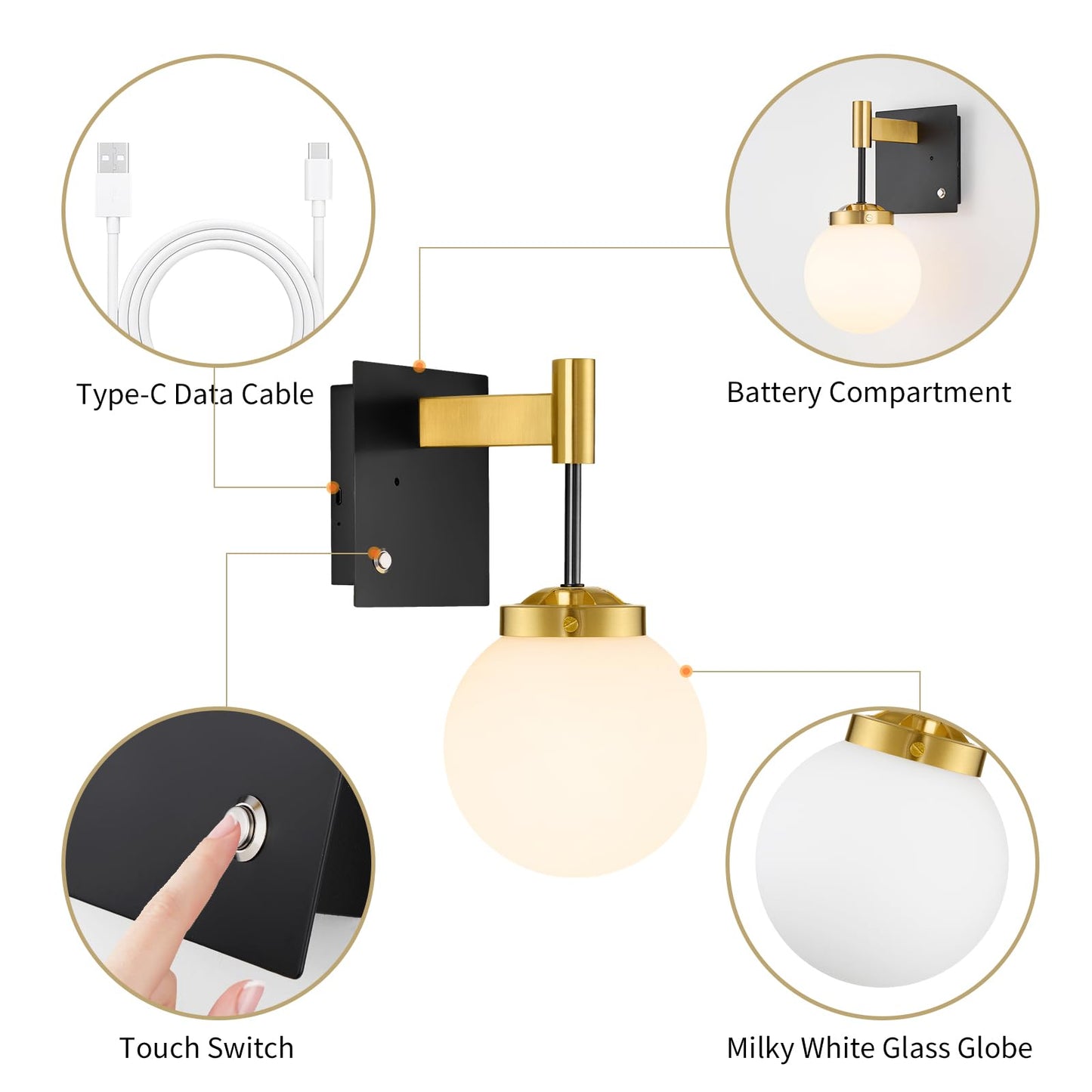 Rayogale Rechargeable Battery Wall Sconce - Wireless, Dimmable, Timer, Remote, Touch Control, Metal, Black Gold, 2 Pack, Model WL-7102-BG-2