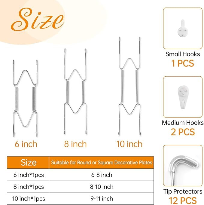 Bilillo 3-Piece Stainless Steel Plate Hangers - Heavy Duty 6/8/10 Inch Invisible Wall Plate Holders with 3 Wall Hooks & 12 Rubber Tip Protectors for 6-11 Inch Decorative Plates (Silver)