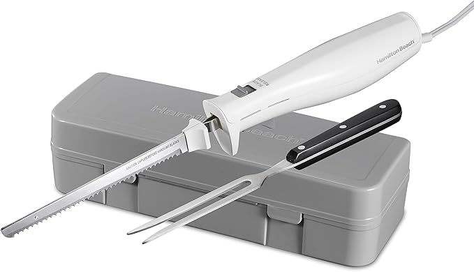 Hamilton Beach Electric Knife Set for Carving Meats, Poultry, Bread, Crafting Foam & More, Reciprocating Serrated Stainless Steel Blades, Ergonomic Design Storage Case + Fork Included, 5 Foot Cord