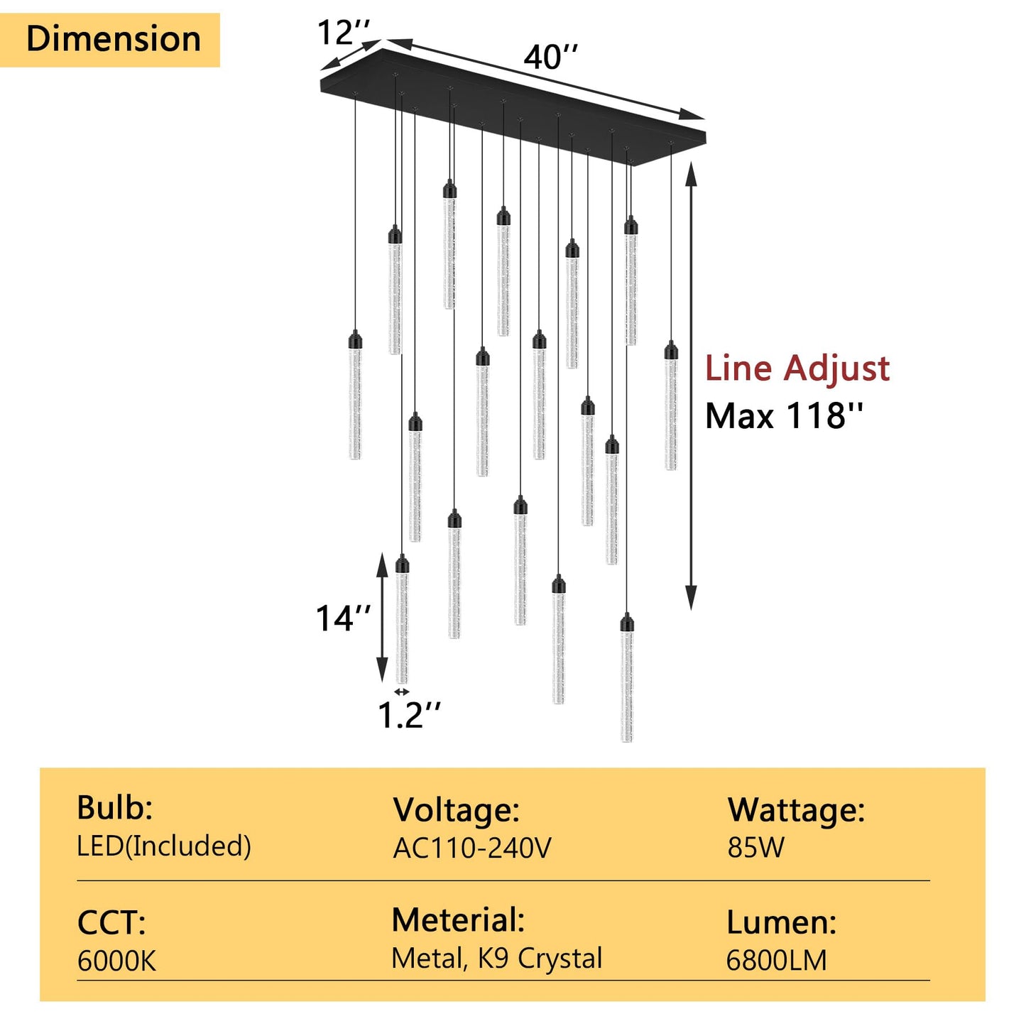 Rectangular Chandeliers 17-Lights Long Light For Entryway Led Dimmable Chandeliers Lighting Fixture Flat Sloped High Ceiling Pendant Lights Crystal For Living Room Foyer Hallway Staircase Black