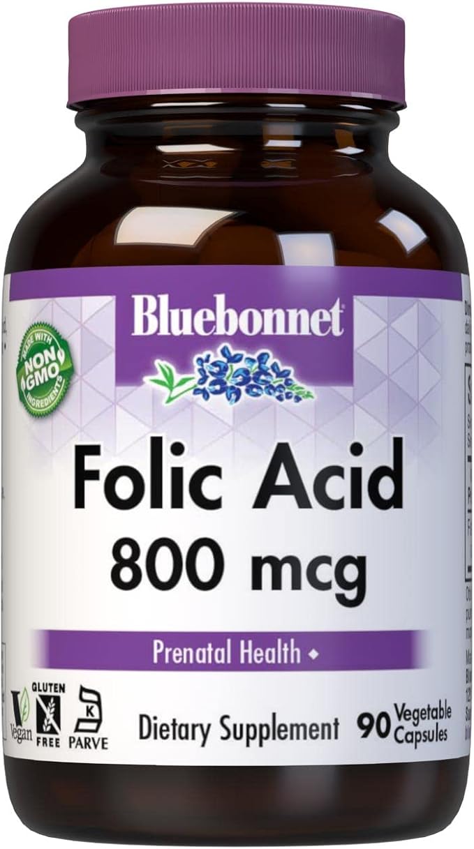 BlueBonnet Nutrition Folic Acid 800mcg, Healthy Neurological Development*, Soy-Free, Gluten-Free, Non-GMO, Kosher Certified, Dairy-Free, Vegan, 90 Vegetable Capsules