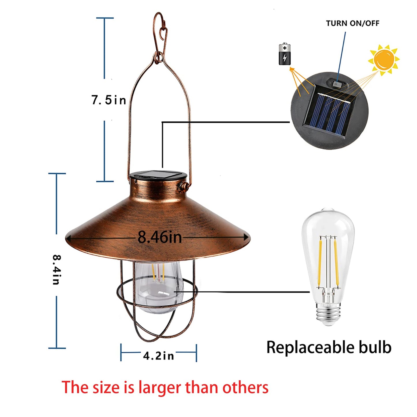 pearlstar Solar Lantern Outdoor Light Metal Farmhouse Design Warm White Bulb Brushed Copper 049