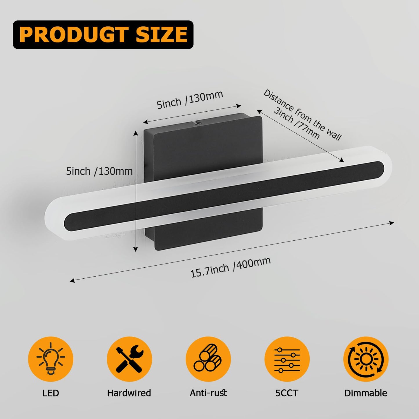 Joosenhouse Modern LED Bathroom Vanity Light Bar, 15.7-Inch, 16W, Dimmable, Black, Hardwired, Model 9872
