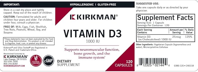 Kirkman - Vitamin D3 1000 IU - 120 Capsules - Supports Immune Health - Helps Build Strong Bones - Hypoallergenic