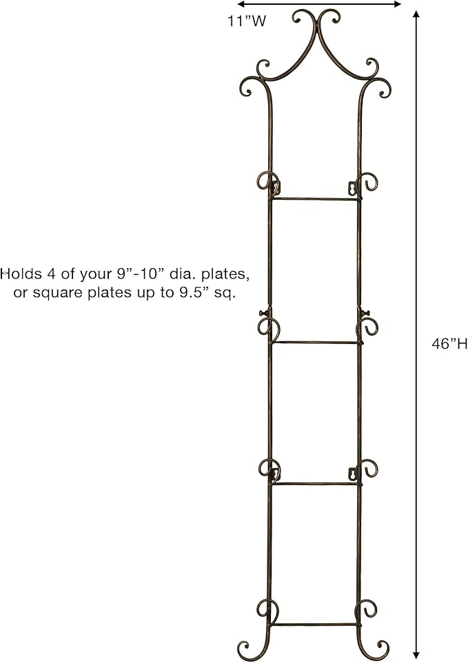 Touch of Class Regalla Scroll - Vertical Hanging Plate Rack - Holds up to four 9-10" dia. Plates - Antique Bronze Finish - 46 in. tall