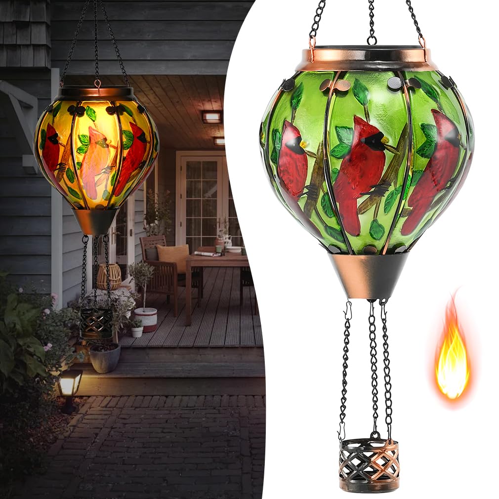 Hot Air Balloon Solar Lantern - Cardinal Bird Glass Lantern  Simulated Flickering & Dancing Flame  Outdoor Hanging Yard Light Waterproof Ip65 For Patio Lawn Porch Decor Gift