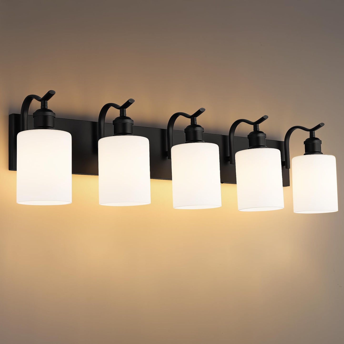 Jazava 5 Light Bathroom Vanity Light  Morden Black Vanity Light Bathroom Lighting Fixtures Over Mirror Black Wall Sconces With Milky White Frosted Shade Zcvl01Bkw-5