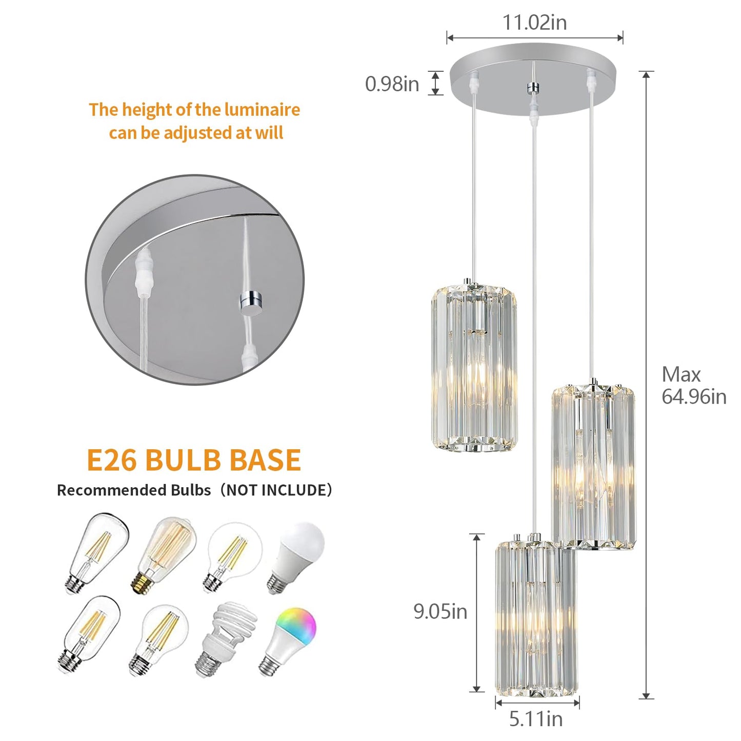Zhllmq Chrome Pendant Lighting Modern Pendant Light  Mini Crystal Chandeliers Adjustable Pendant Light Fixture For Kitchen Island Dinning Room Corridor Bedroom(Gold 3-Light)
