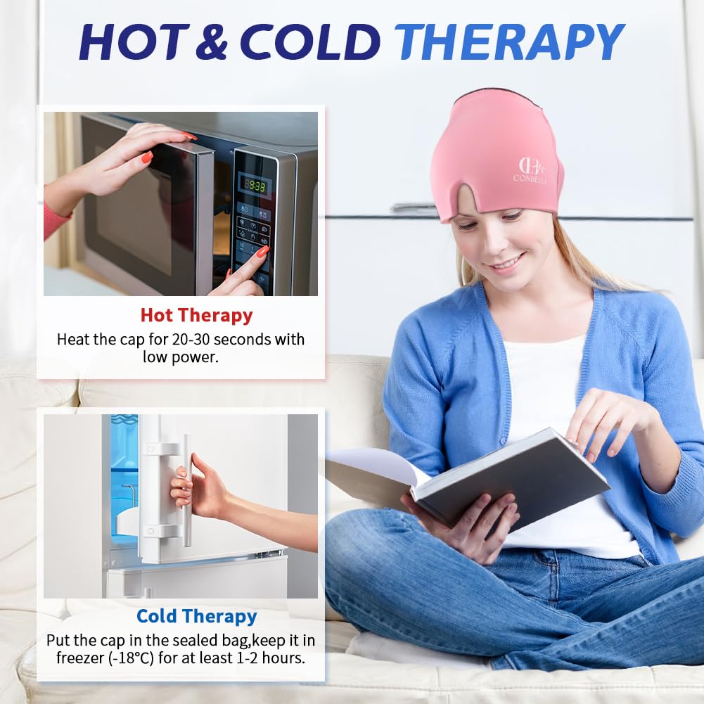 2Pcs Migraine Relief Cap, Soothing Headache Ice Face Mask Products, Hot and Cold Therapy, Migraine Headache Relief Cap for Migraine, Sinus, Puffy Eyes, Tension, Stress and Hangover (Pink+Blue)