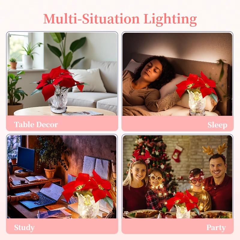 Nikuoan Christmas Poinsettia Table Lamp  Artificial Flower Lamp With Glass Vase Dimmable Cordless Lamp  Night Light Table Lamp For Living Room Bedroom Office Home Decor Gift