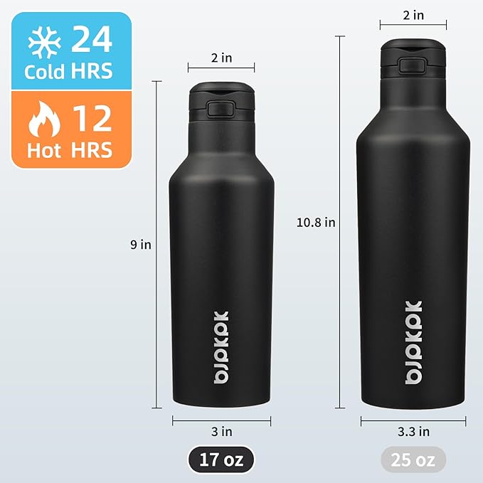 BJPKPK Insulated Water Bottle With Straw 17oz Stainless Steel Water Bottles With 2 Lids And Carry Handle Reusable Travel Metal Thermal Flask,Black