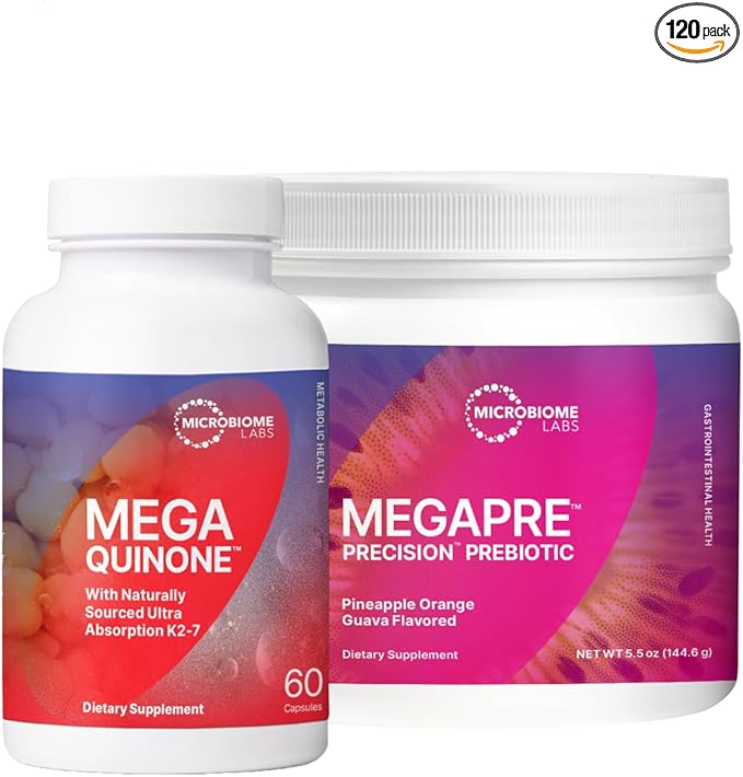 Microbiome Labs Bone Health Support Bundle - MegaQuinine Complete Vitamin K Supplement K1 & K2 MK-7 (60 Capsules) + MegaPre Prebiotic Powder (2.1oz)