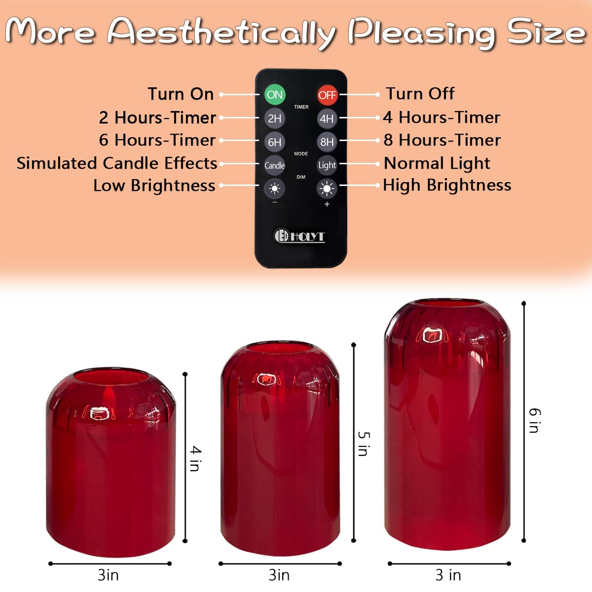 LEDHOLYT Rechargeable Flameless Candle, Flashing LED Pillar Real Wax Candle with Remote Control and Timer, Red Glass Electronic Candles for Room Decoration, 1 Set of 3
