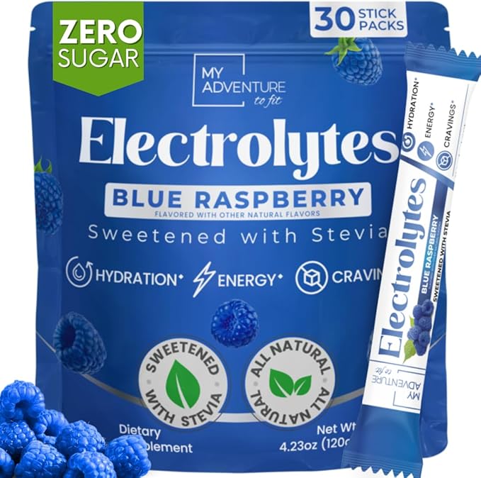 Zero Sugar Blue Raspberry Electrolytes Powder Packets (30 Pack) - All Natural Ingredients, Caffeine Free Energy for Refres...
