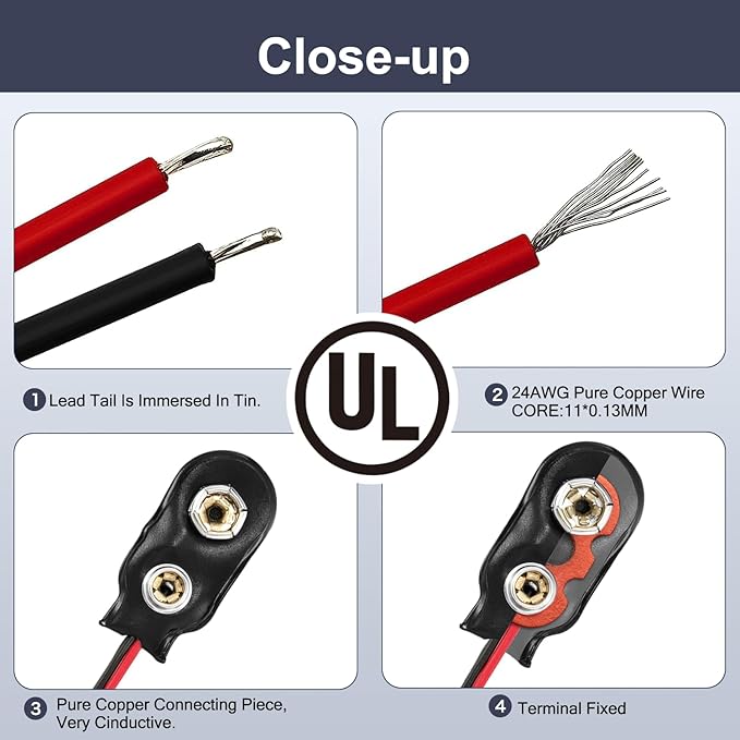 CHANZON UL Wires 10Packs 9v Battery Connector Clip with Leads Wires Harness Holder I-Type Plastic Housing Pigtail Snap for 9volt Terminal