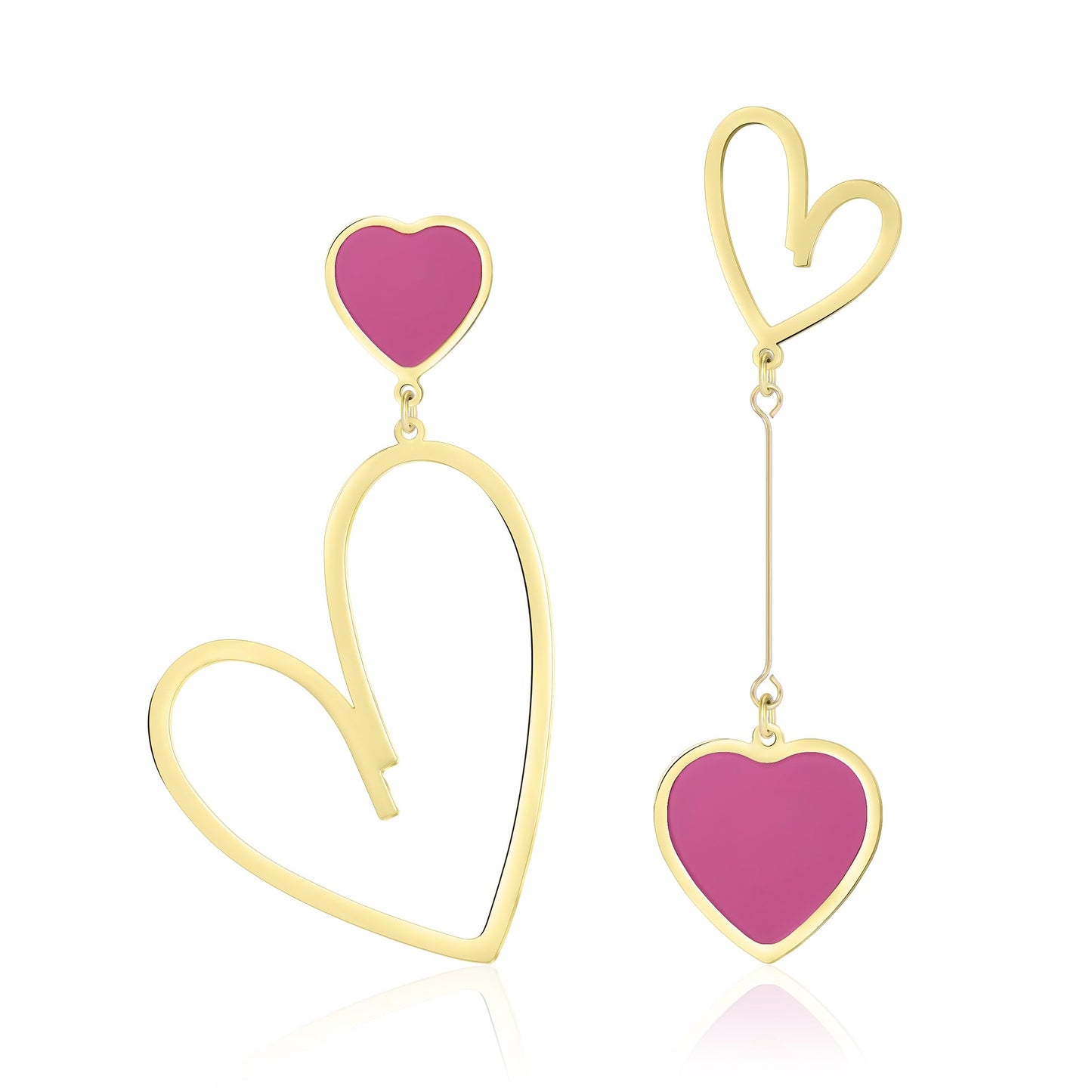 Linawe Hot Pink Heart Earrings for Women, Gold Dangle Drop Earrings, Titanium Surgical Steel Hypoallergenic Asymmetrical Earring