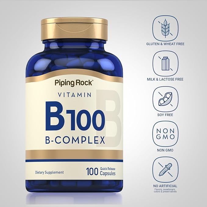 Piping Rock Vitamin B-100 Complex | 100 Capsules | Vitamins B12, B1, B2, B6 | Non-GMO, Gluten Free Supplement