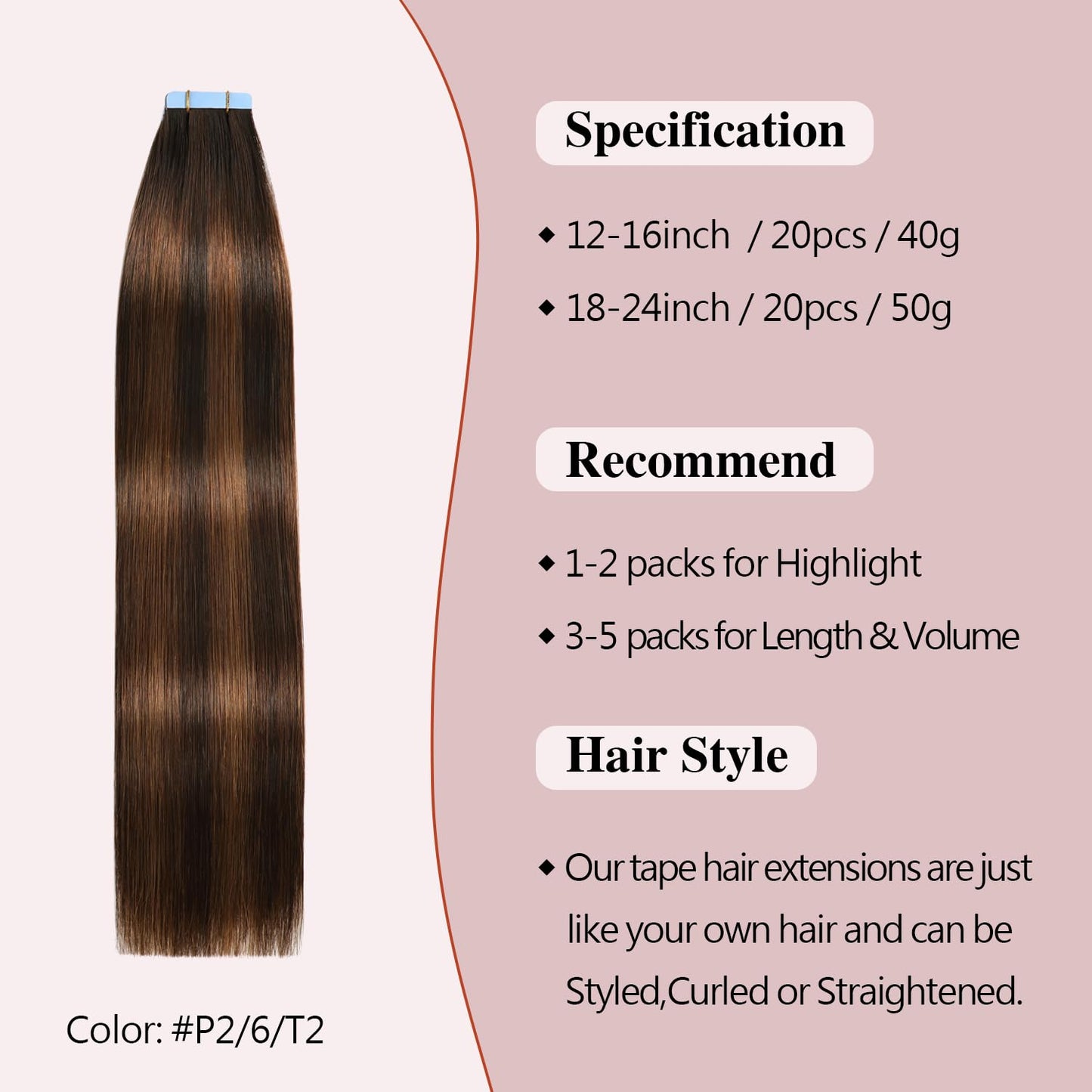 Sunya Tape in Hair Extensions Human Hair Balayage Dark Brown to Chestnut Brown 12 Inch 40g/pack 20pcs Straight Seamless Skin Wef