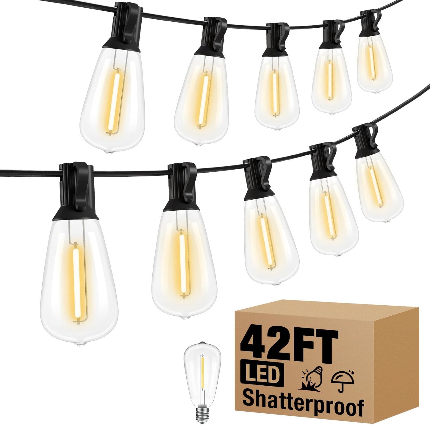 Litogo 42Ft Led Outdoor String Lights, Waterproof Warm White Patio Lights With St38 Vintage Edison Bulbs, Model Lg01Zz01